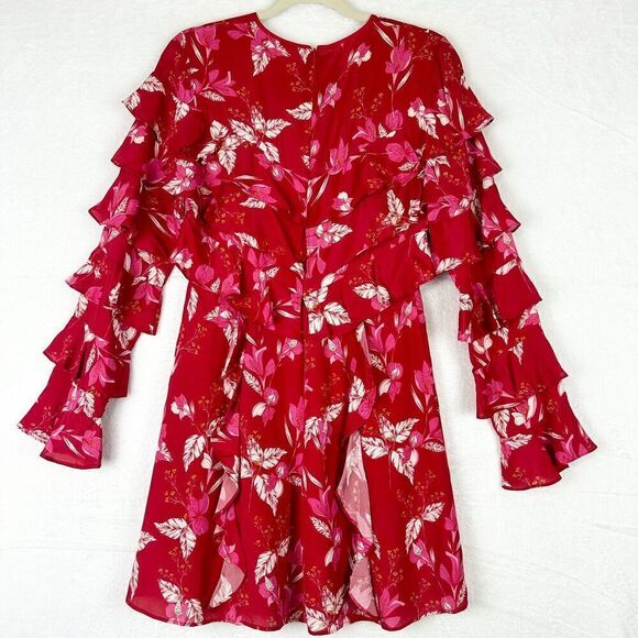 La Maison Talulah Silk Blend Long Sleeve Floral Ruffle Mini Dress Size Small Red - Picture 2 of 10